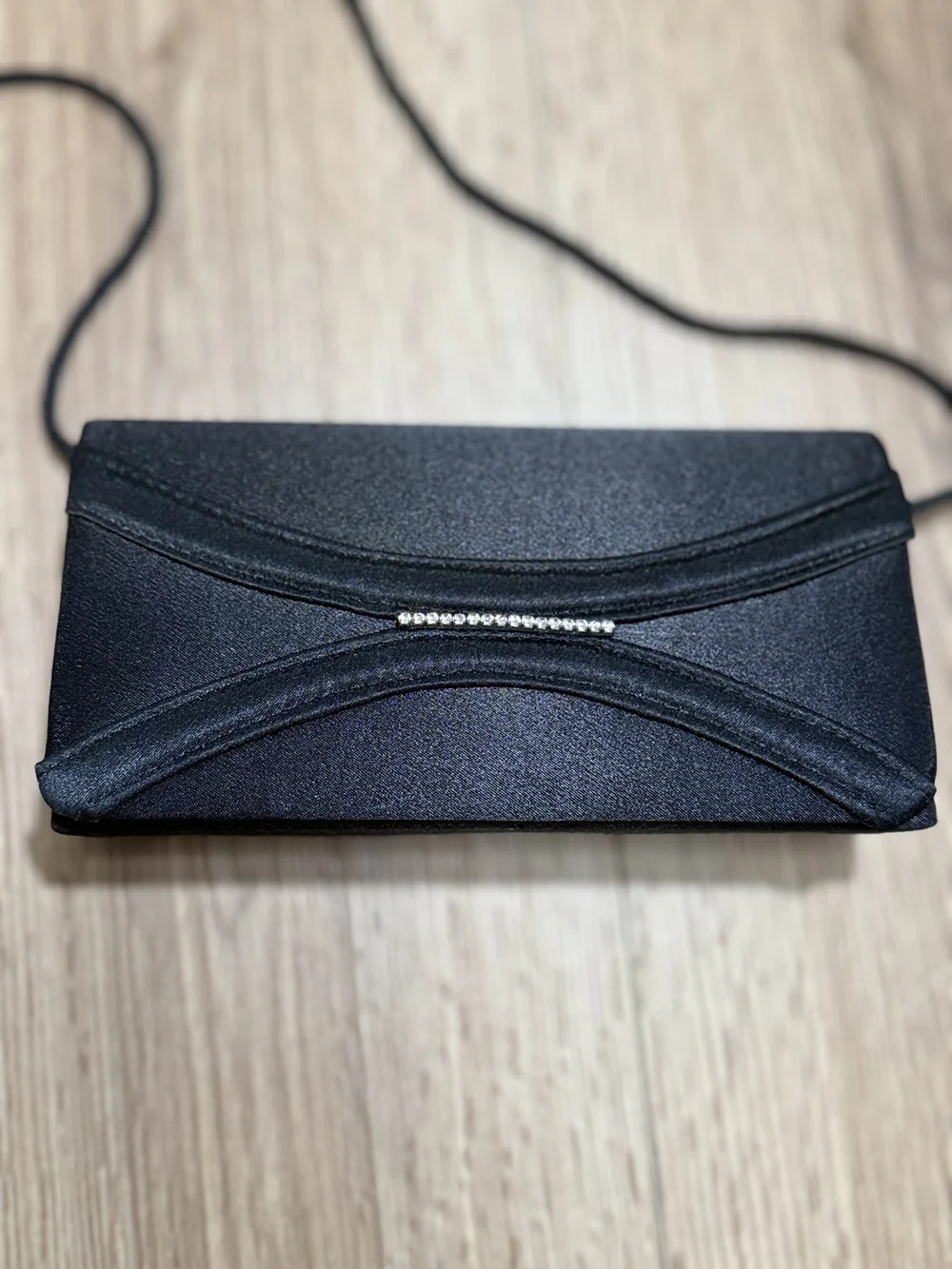 Black Satin Evening Clutch with Rhinestone Accent